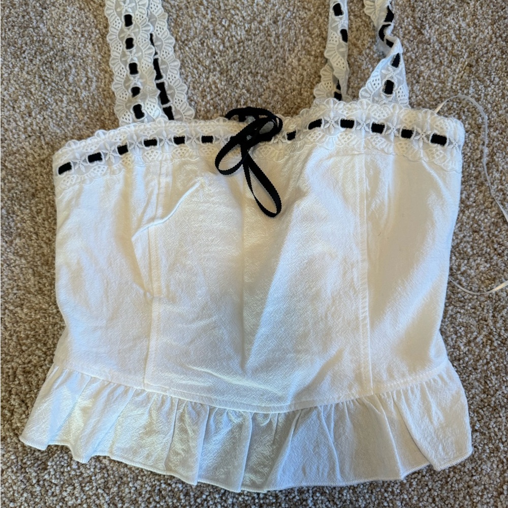 T.J.Maxx White Lace Tank Top with Black Ribbon
